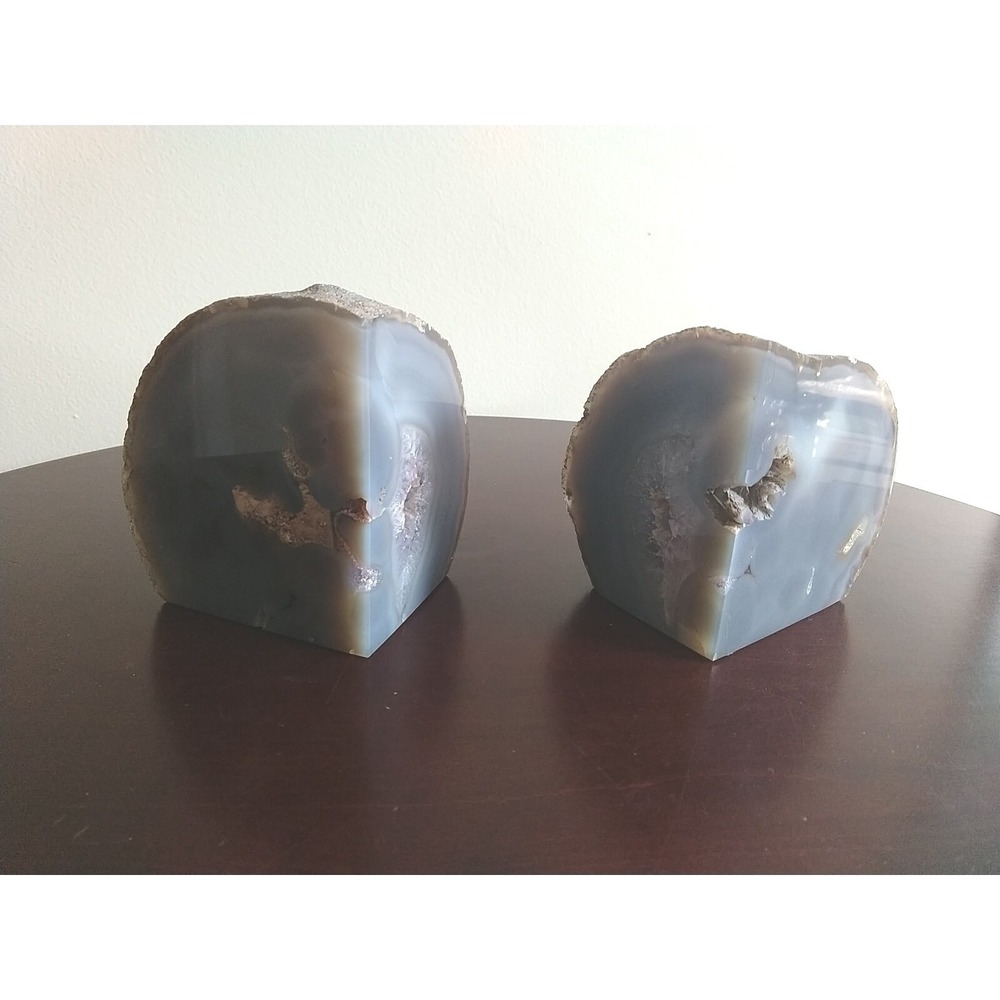 Polished Gray Stone Agate Geode Crystal Bookends Set